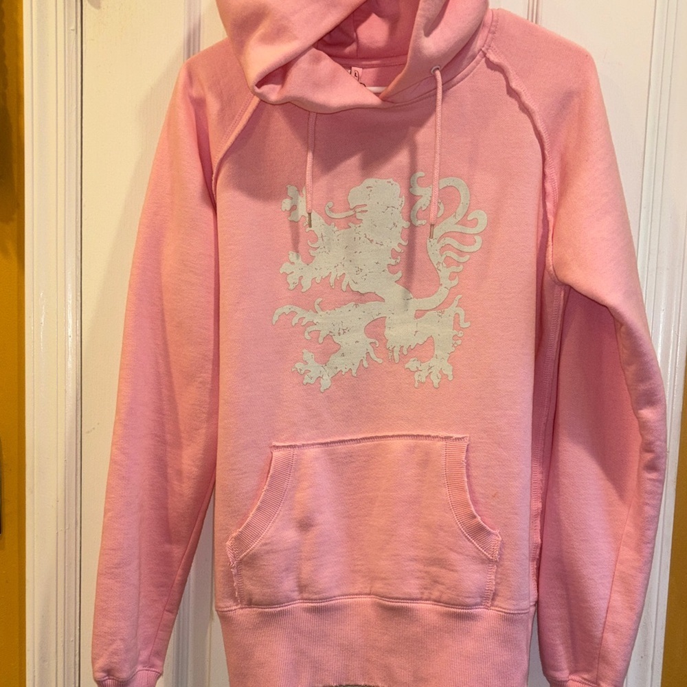 PINK SWEATSHIRT WITH HOODIE LION GRAPHIC DESIGN ON FRONT DISTRESSED STYLE NWTS